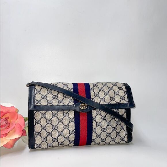 Authentic GUCCI Blue Web Ophidia Front Flap Shoulder Bag Crossbody - Picture 1 of 12